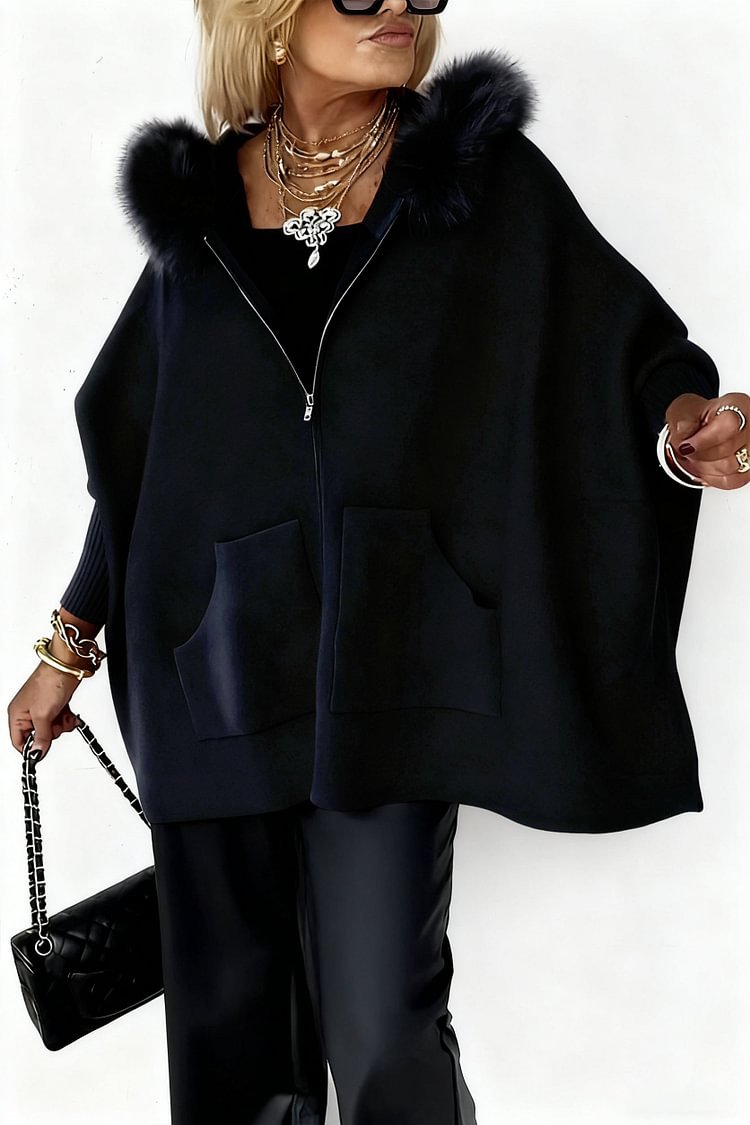 Plush Zip-Up Hoodie with Batwing Sleeves and Pockets