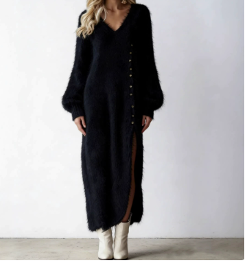 Knit Maxi Dress for Women, Split Fleece Button Dress
