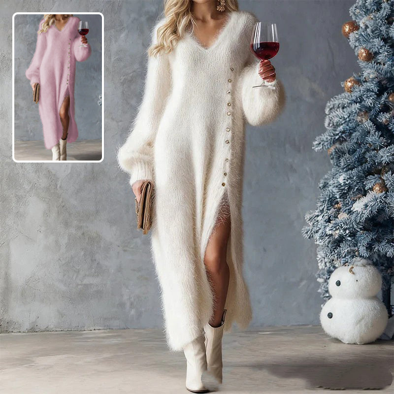 Knit Maxi Dress for Women, Split Fleece Button Dress