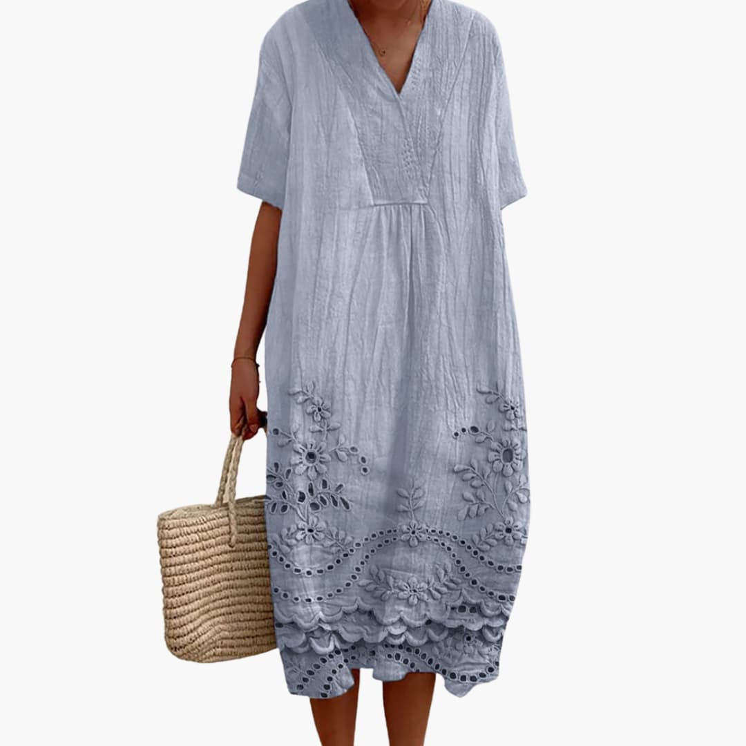 Women’s Dress with V-Neckline and Embroidery Detail