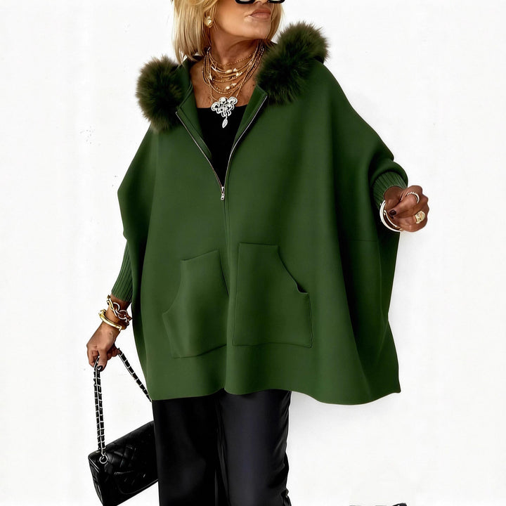 Plush Zip-Up Hoodie with Batwing Sleeves and Pockets