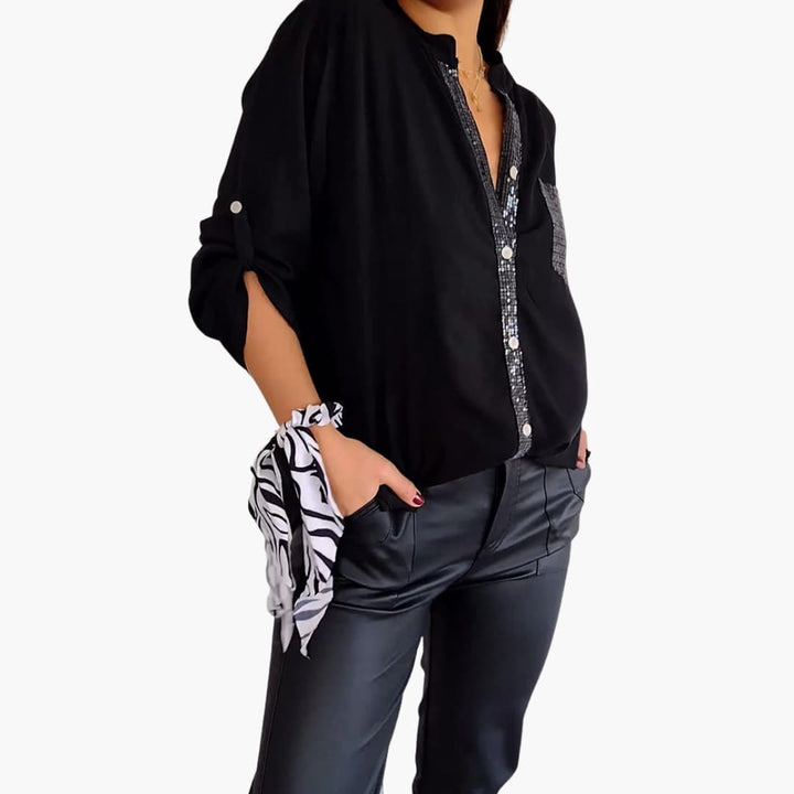 Women’s Long-Sleeve Blouse with V-Neck and Sequins