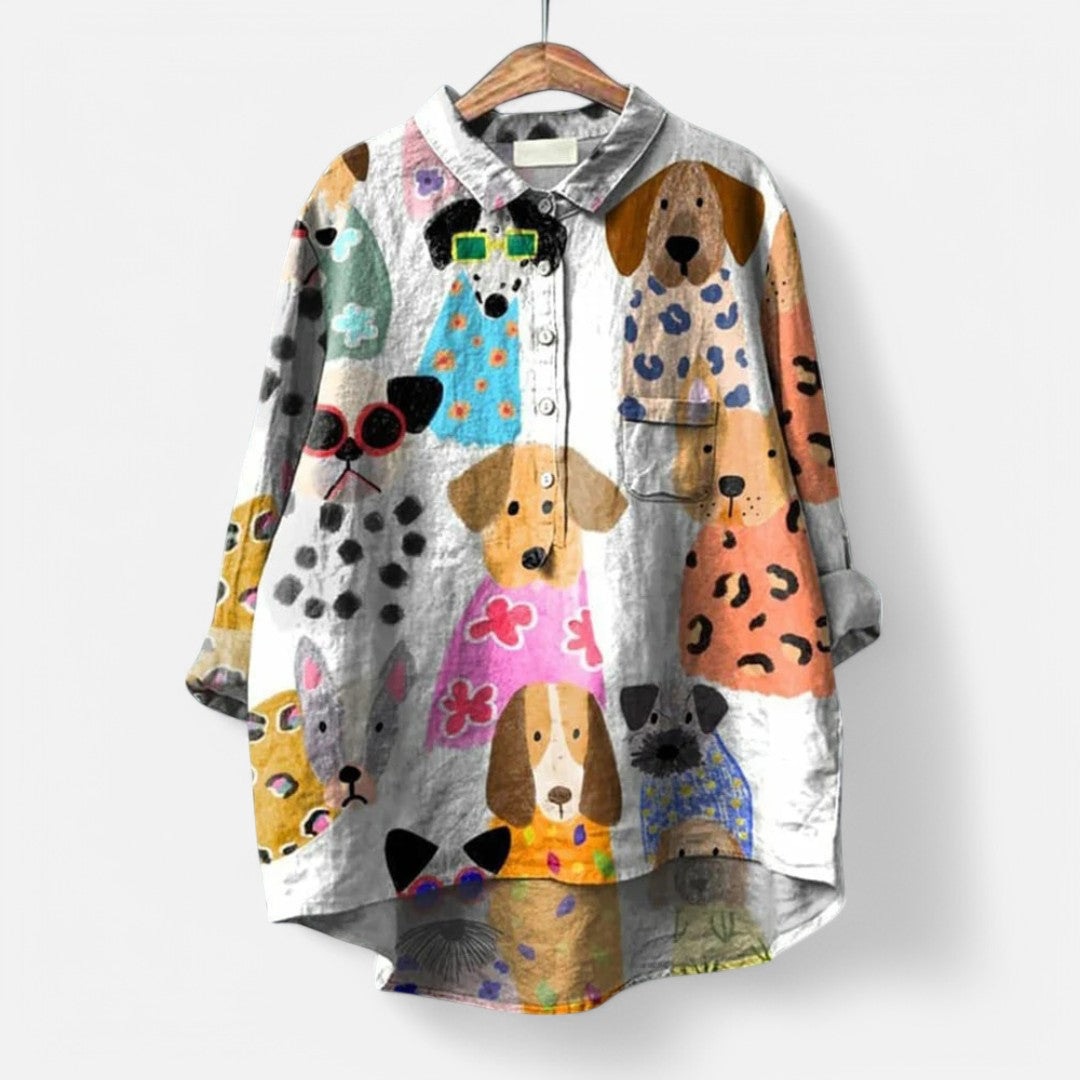 Women’s Long Sleeve Dog Print Blouse