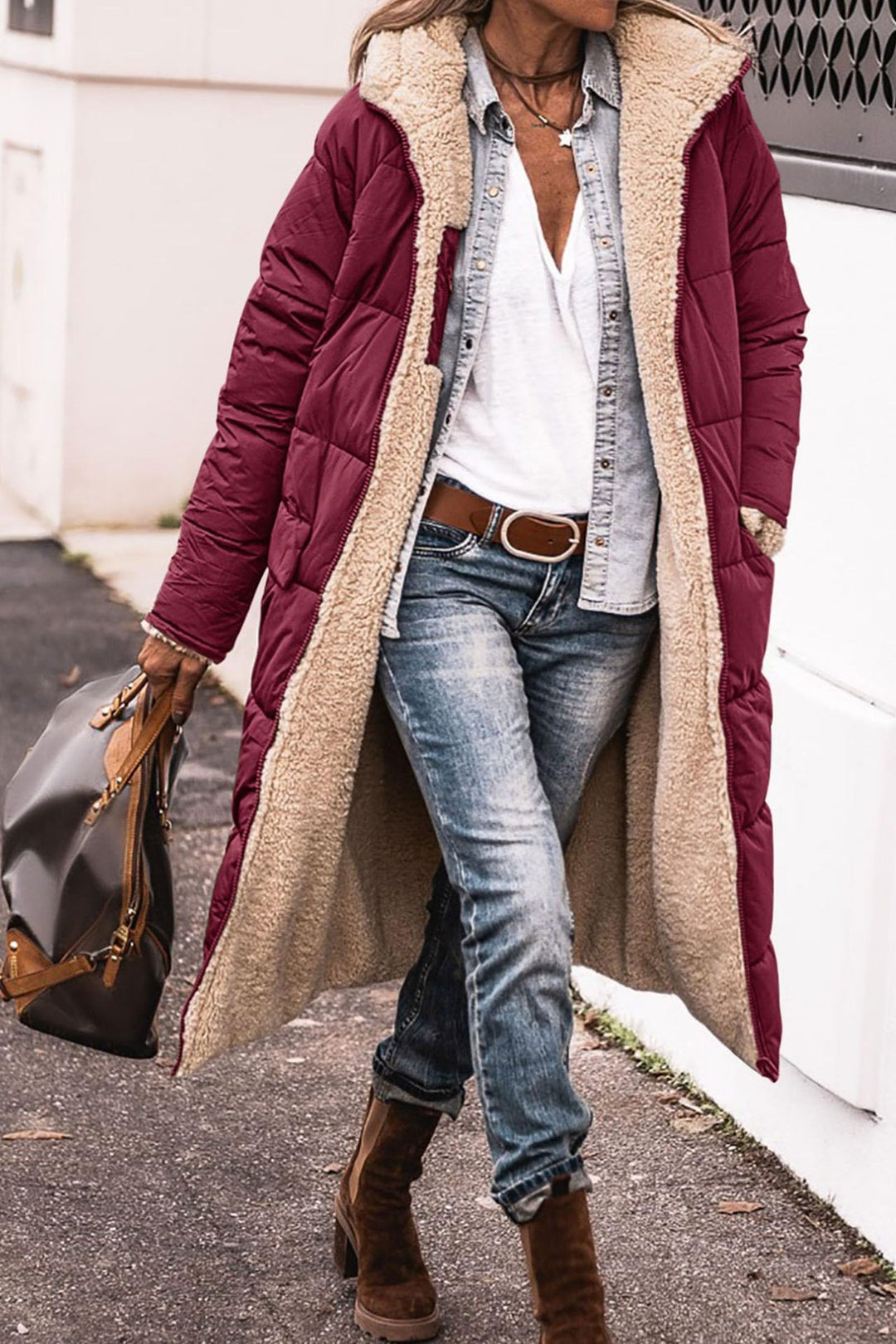Hooded Long Coat for Women, Double-Sided Winter Cardigan Jacket