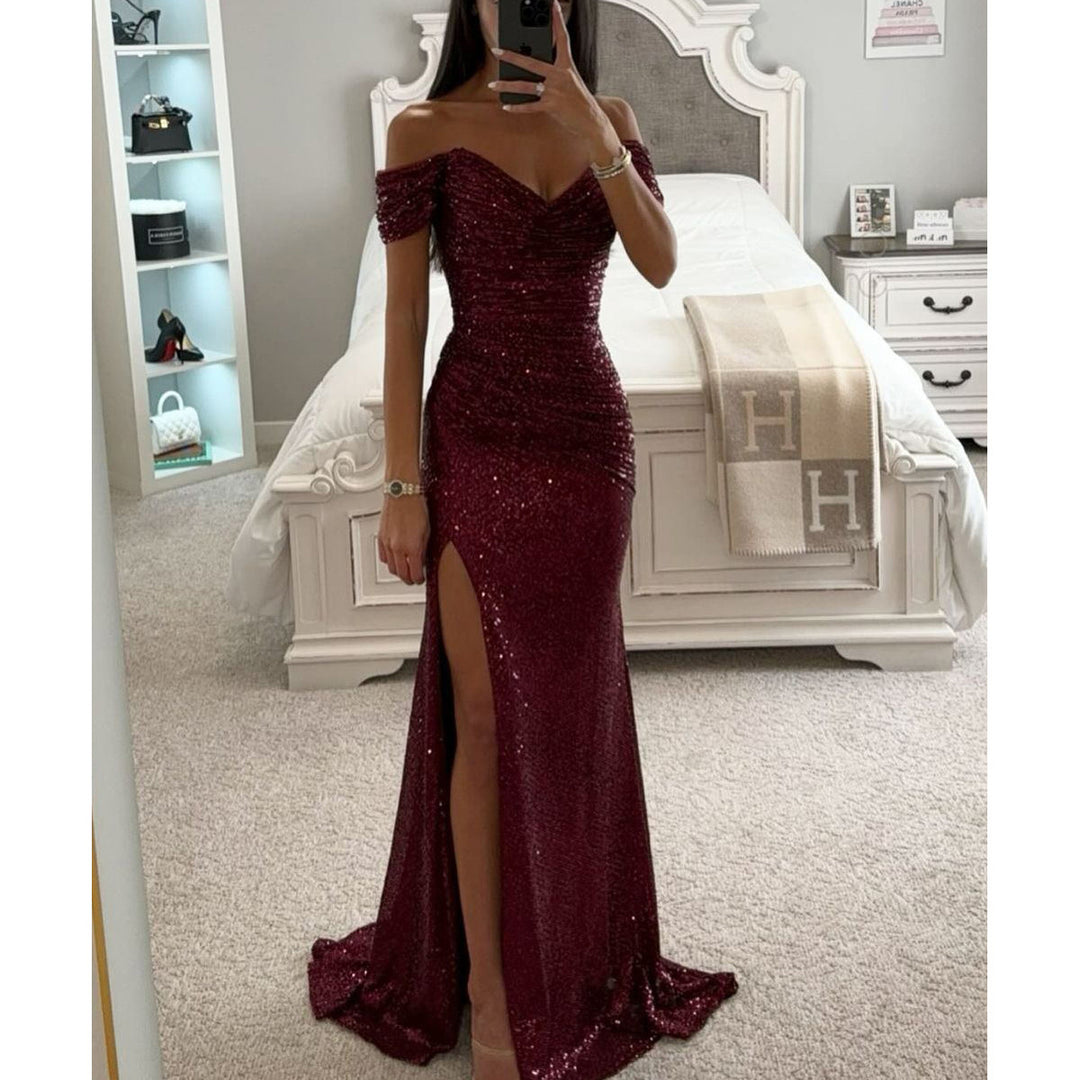 Woman in long off-shoulder sequin evening dress