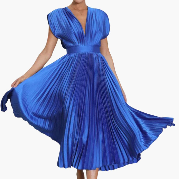 Women’s Midi Dress with Pleated Design and Cap Sleeves