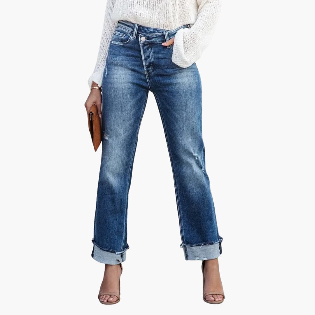 Women’s Straight-Leg Jeans with High Waist and Cuffed Hems