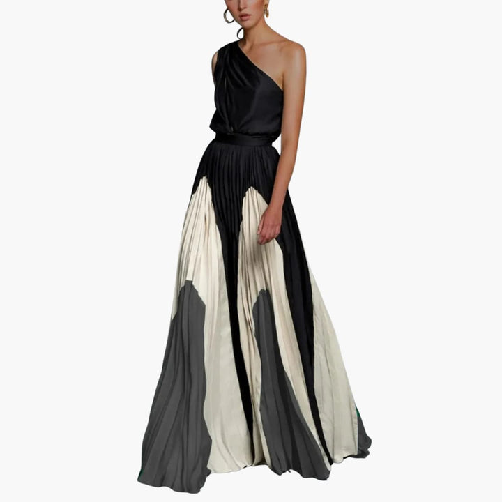Women’s maxi dress with one-shoulder neckline and pleated skirt
