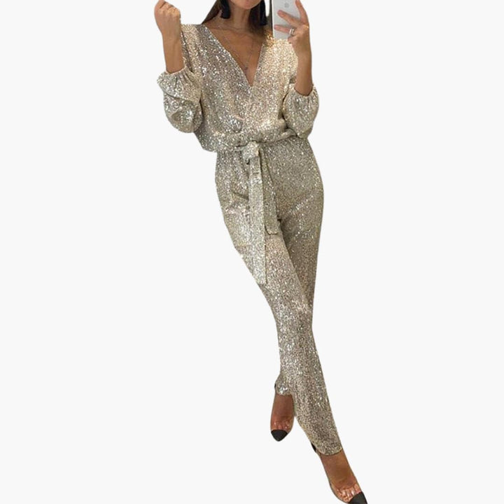 Women’s Sequin Jumpsuit with Long Sleeves and Tie Waist