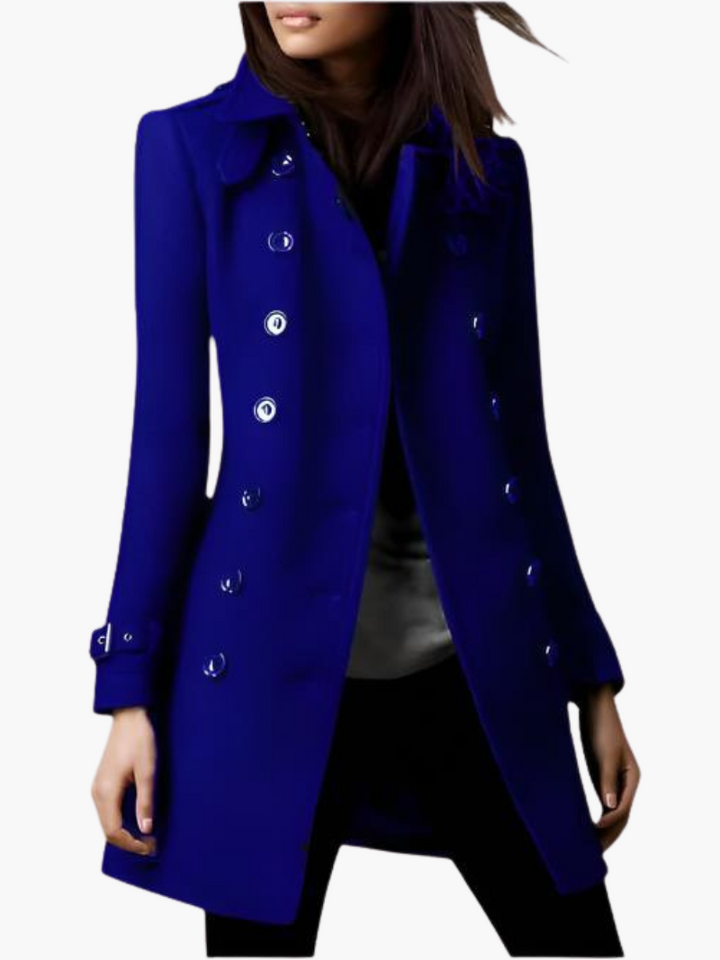 Women’s Long Peacoat with Double-Breasted Front and Belted Cuffs