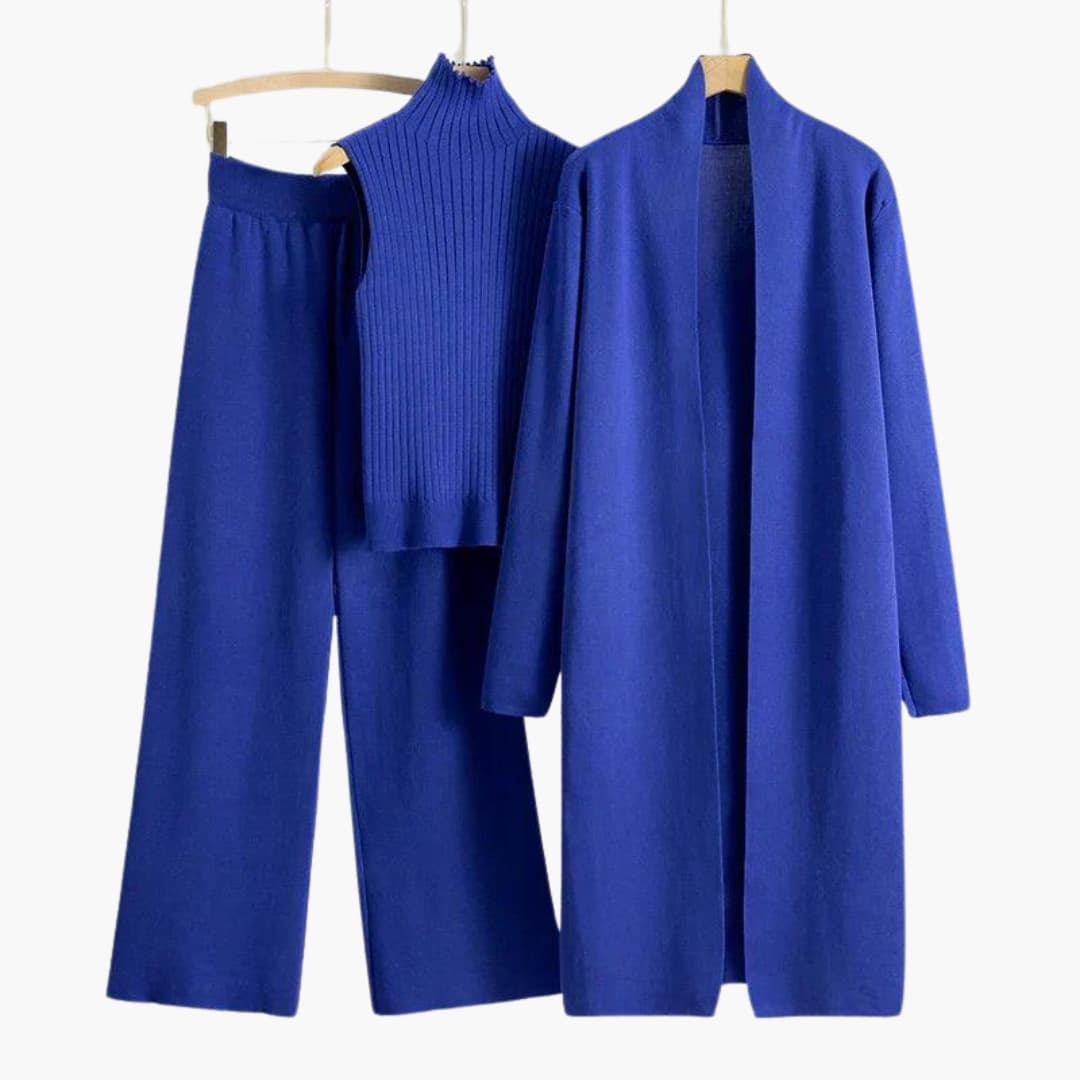 Women’s Three-Piece Knit Set with Sleeveless Roll Neck and Wide-Leg Trousers