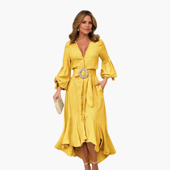 Women’s Midi Dress with Belt and Ruffle