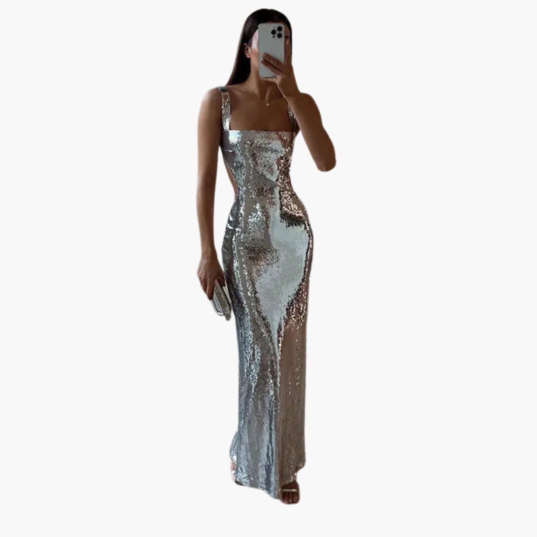 Women’s Evening Gown with Square Neck and Sequin Detailing