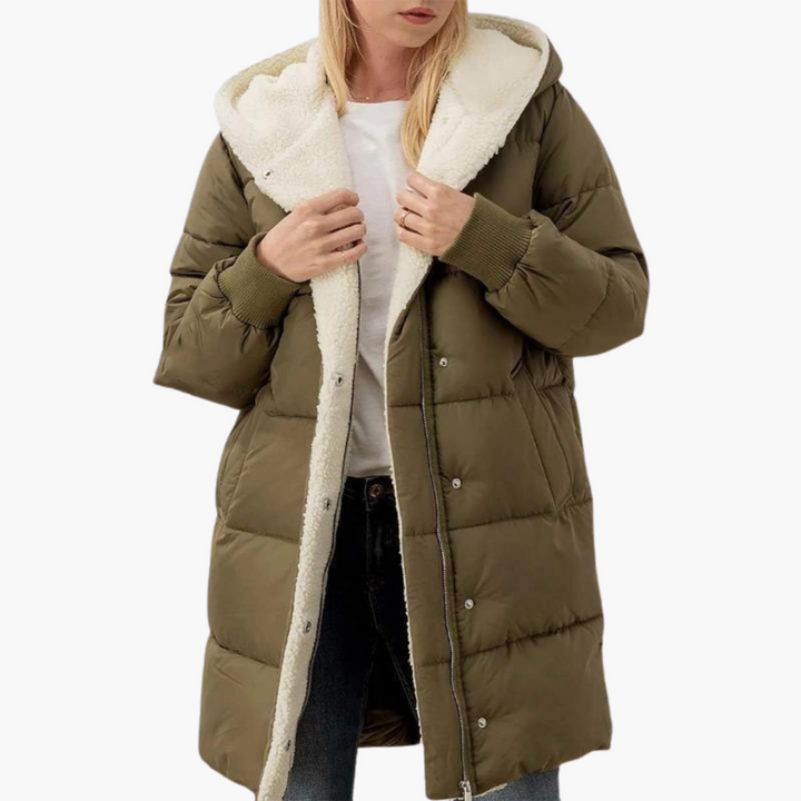 Women’s Hooded Puffer Coat with Fleece Lining and Slim Fit