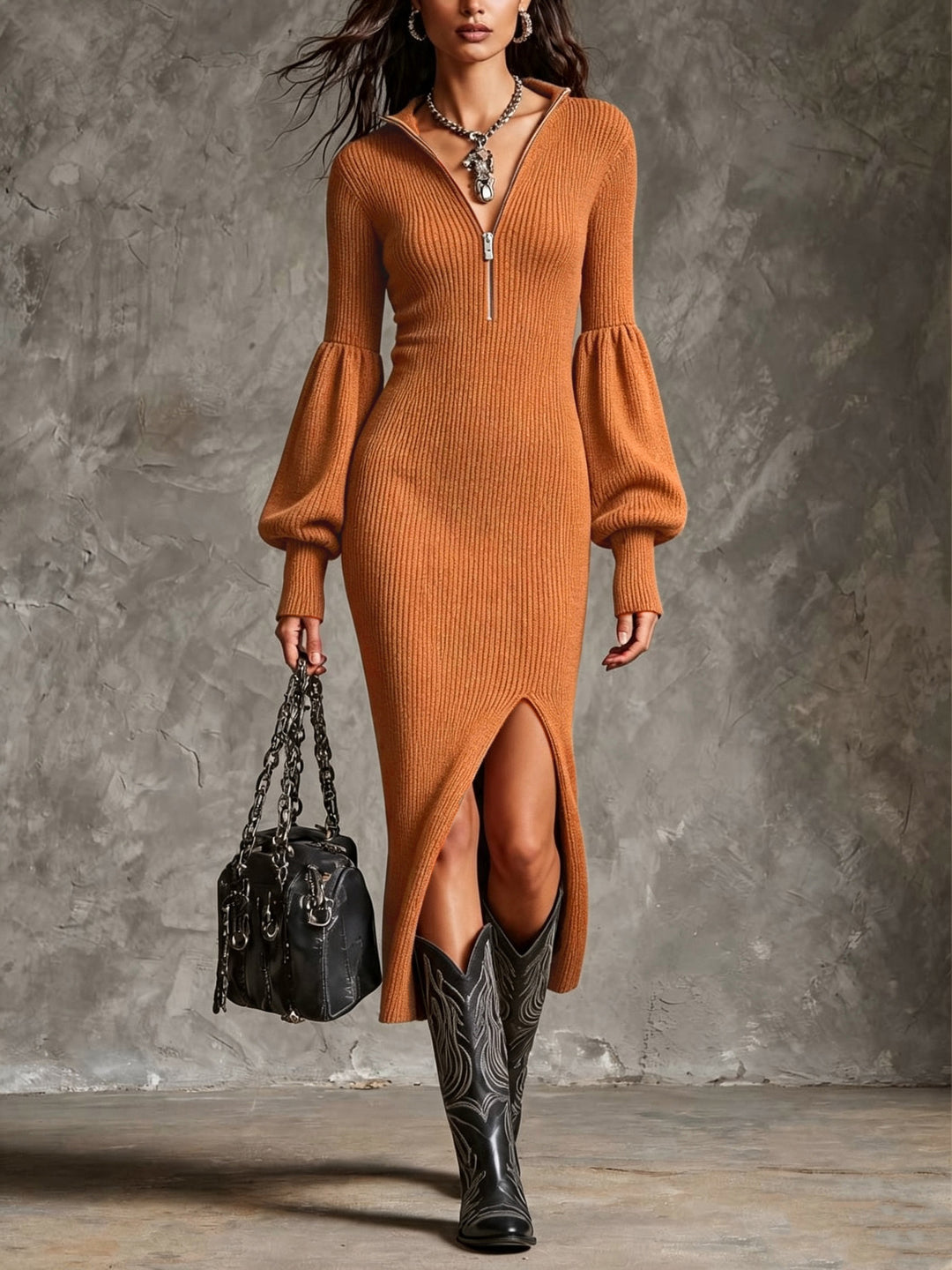 Zipper Knit Dress for Women, Stand Collar Lantern Sleeve