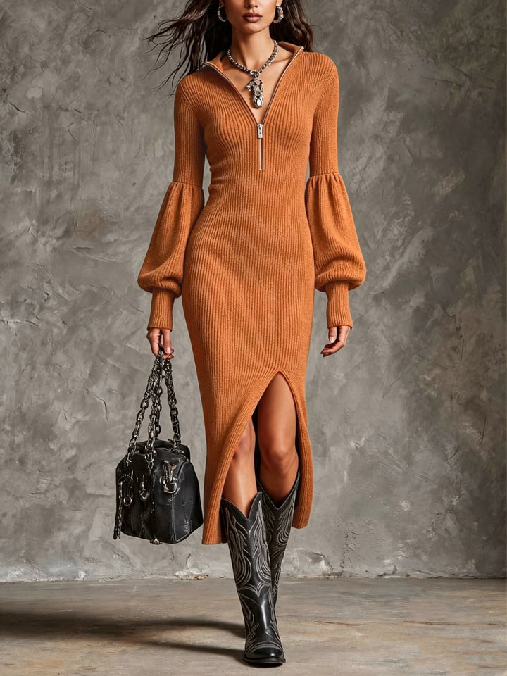 Zipper Knit Dress for Women, Stand Collar Lantern Sleeve