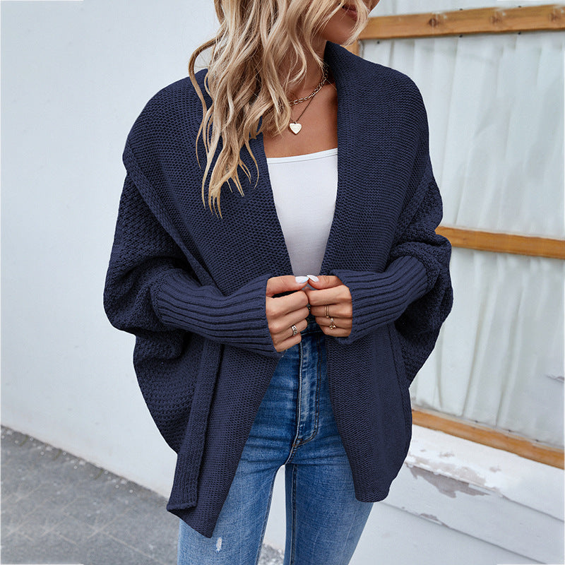 Loose Knit Cardigan for Women, Batwing Sleeve Lapel Sweater