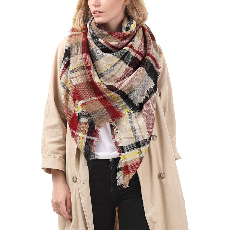 Women's Red Plaid Blanket Scarf with Tassels, Soft Shawl Wrap