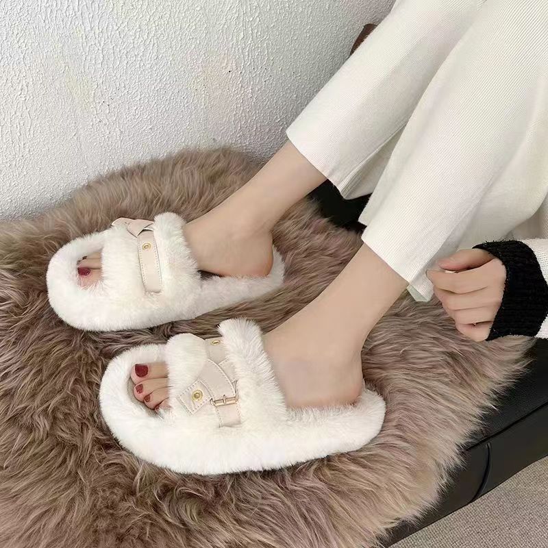 Fluffy Flat Slippers for Women with Leather Ring Detail