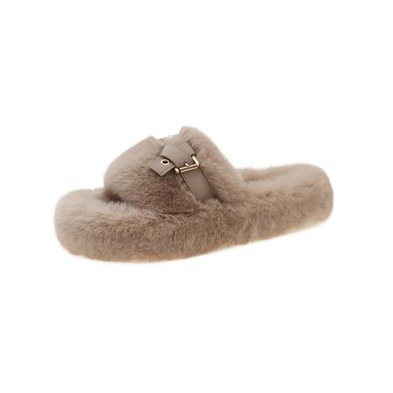 Fluffy Flat Slippers for Women with Leather Ring Detail