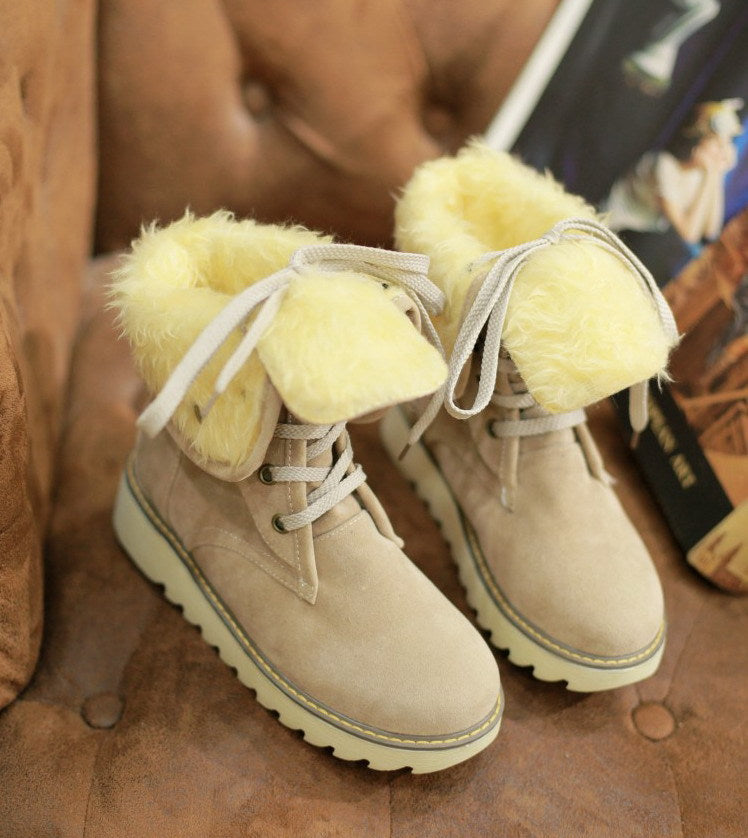 Frosted Faux Fur Snow Boots, Lace-Up Low-Top Cotton Boots