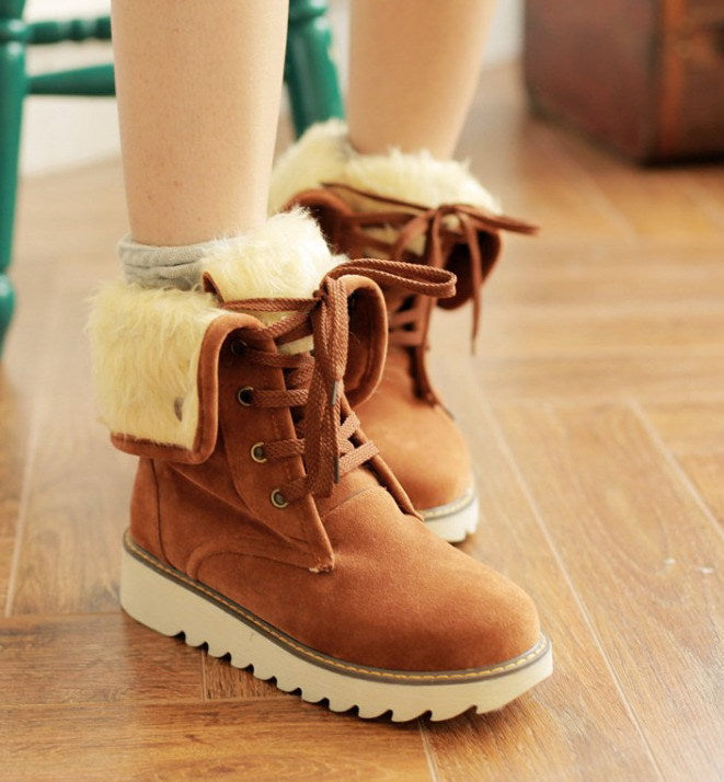 Frosted Faux Fur Snow Boots, Lace-Up Low-Top Cotton Boots