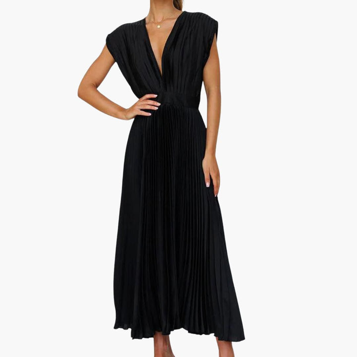 Women’s Midi Dress with V-Neck and Pleated Skirt