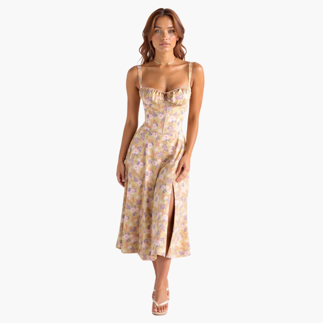 Women’s Midi Dress with Waist Tie and Lace-Up Bodice