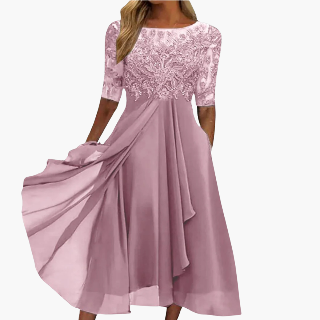 Women’s Midi Dress with Embroidery and Sheer Sleeves