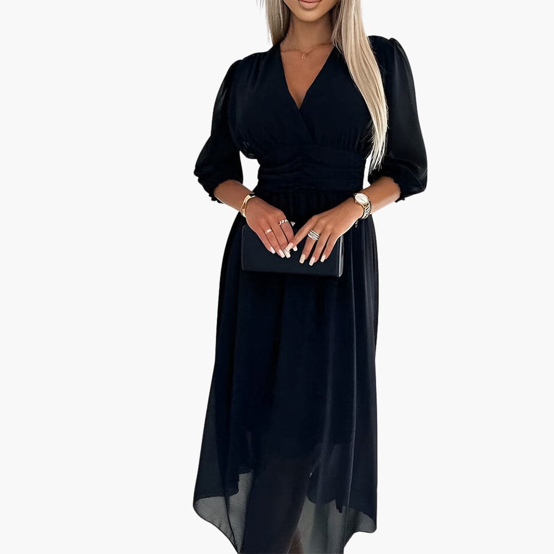 Women’s Midi Dress with V Neck and Ruched Waist