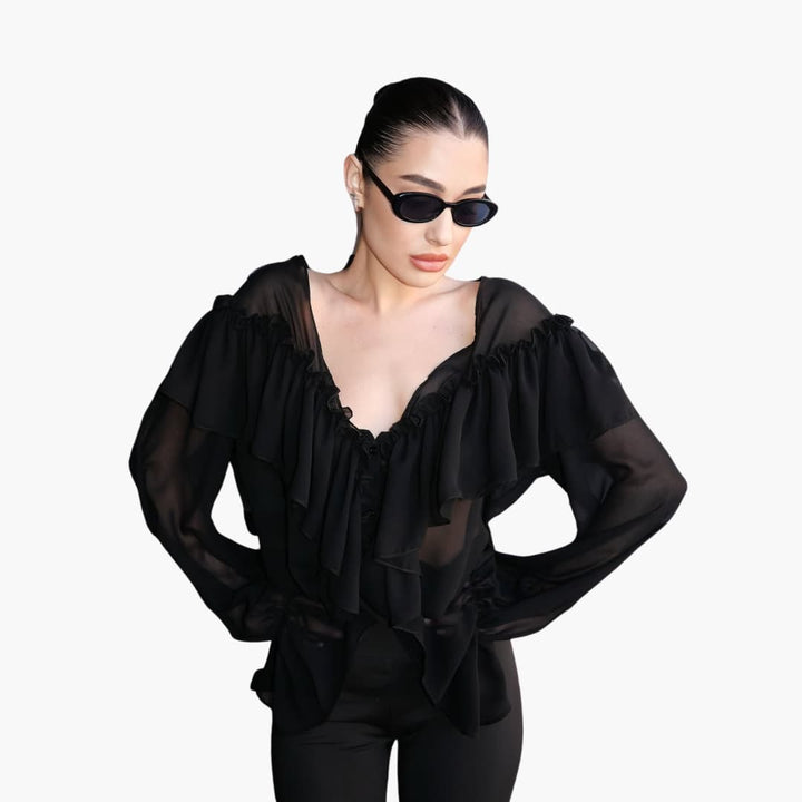 Women’s Long-Sleeve Blouse with V-Neck and Ruffles