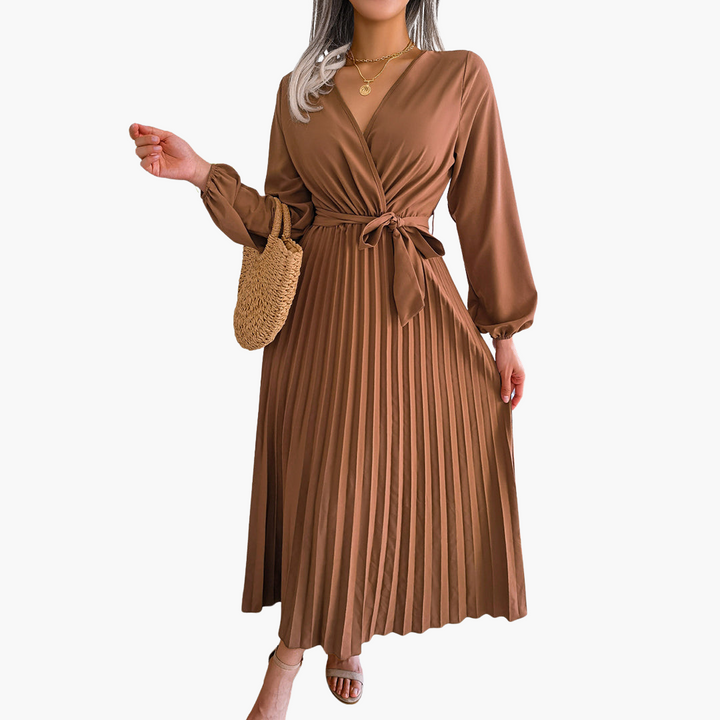 Women’s Pleated Maxi Dress with Wrap Front and Long Sleeves