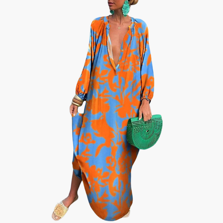 Women’s Maxi Dress with Deep V‑Neck and Long Sleeves