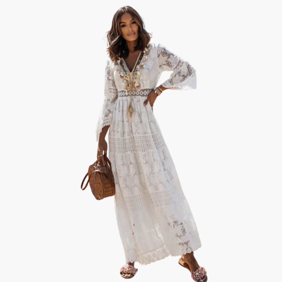 Women’s maxi dress with lace sleeves and V-neckline
