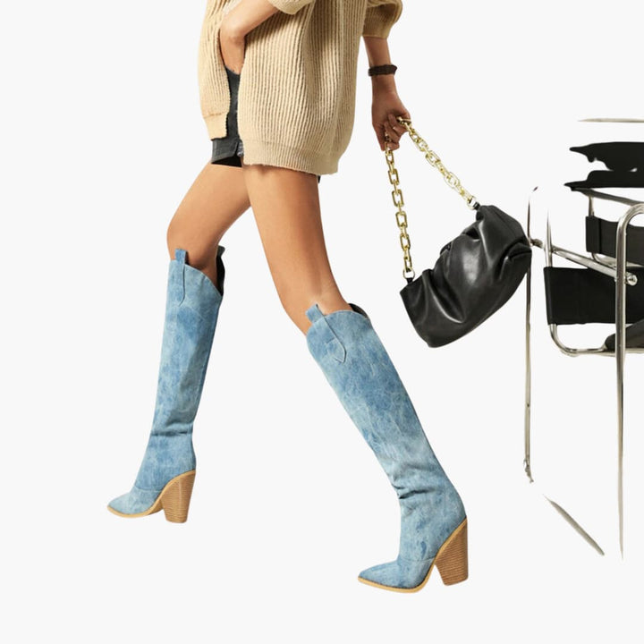 Women’s Cowboy Boots with Stacked Block Heel and Pointed Toe