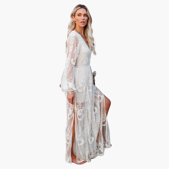 Women’s Maxi Dress with V-Neckline and Sheer Overlay