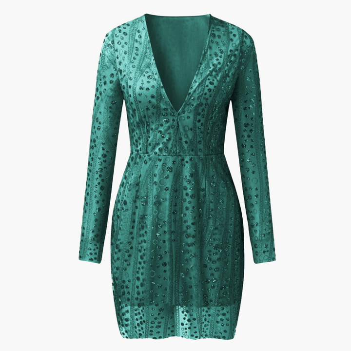 Women’s Sequin Mini Dress with Deep V-Neckline and Long Sleeves