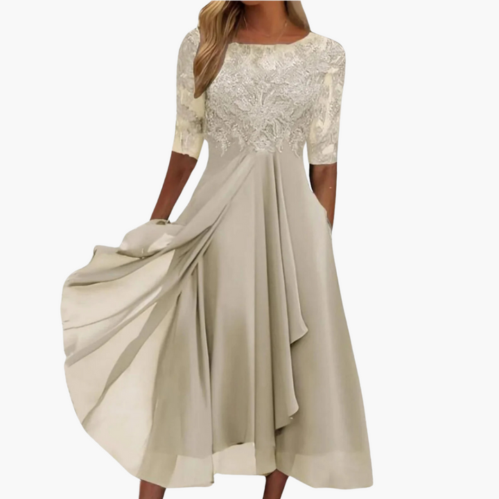 Women’s Midi Dress with Embroidery and Sheer Sleeves