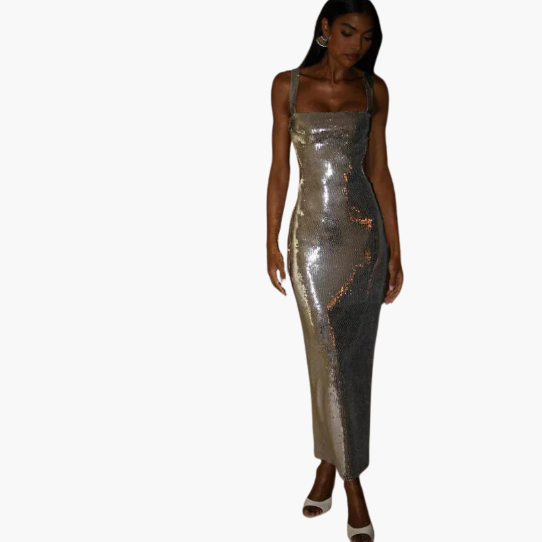 Women’s Evening Gown with Square Neck and Sequin Detailing
