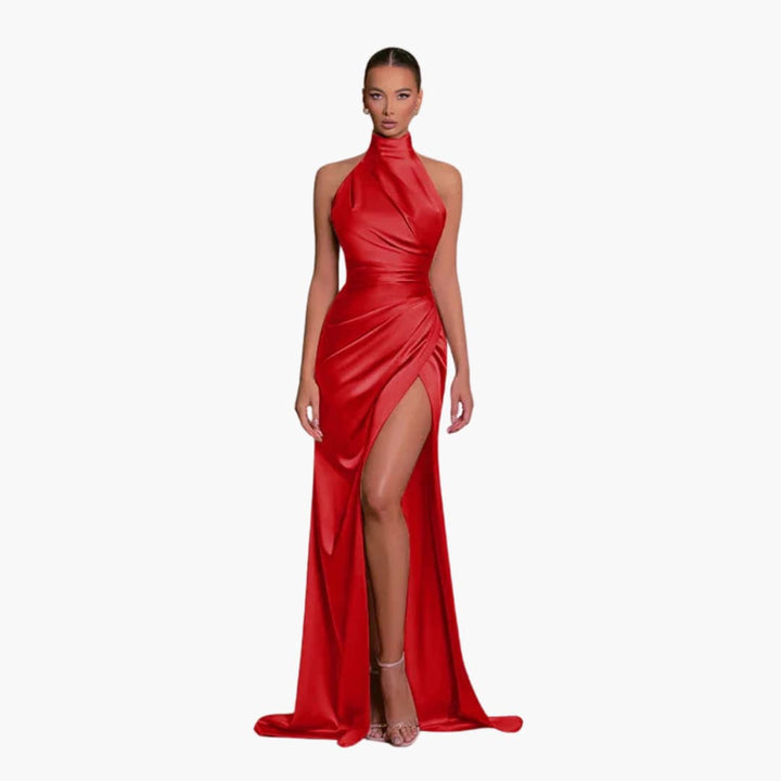 Women’s Evening Gown Dress with Halter Neck and High Split