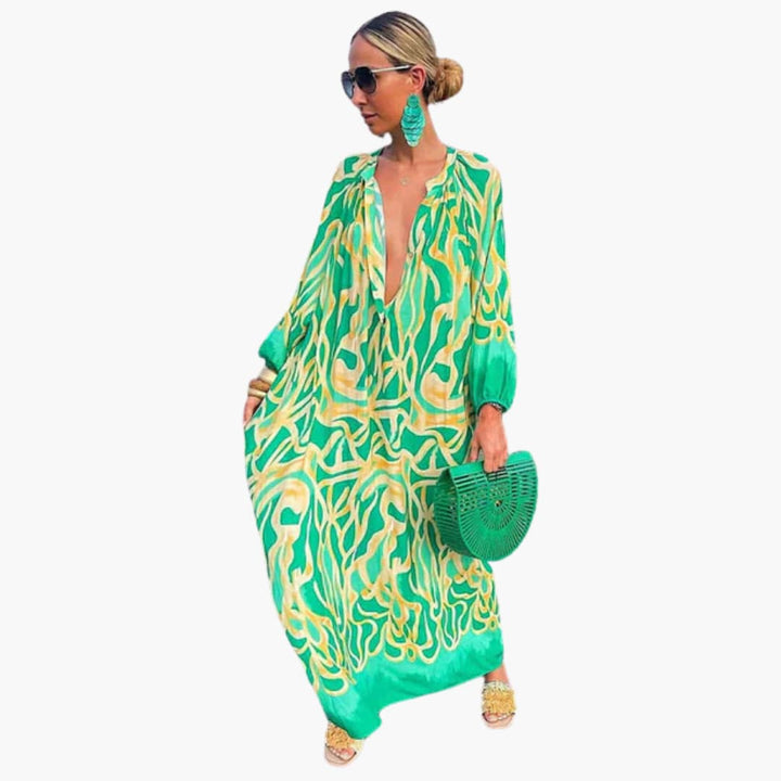Women’s Maxi Dress with V-Neckline and Long Sleeves