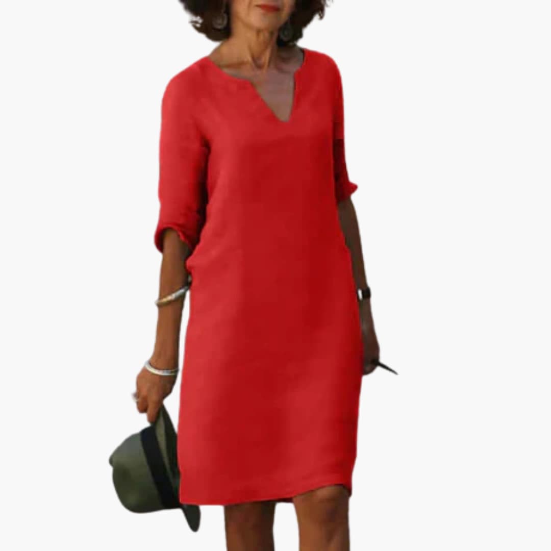 Women’s Shift Dress with Notch Neckline and Long Sleeves