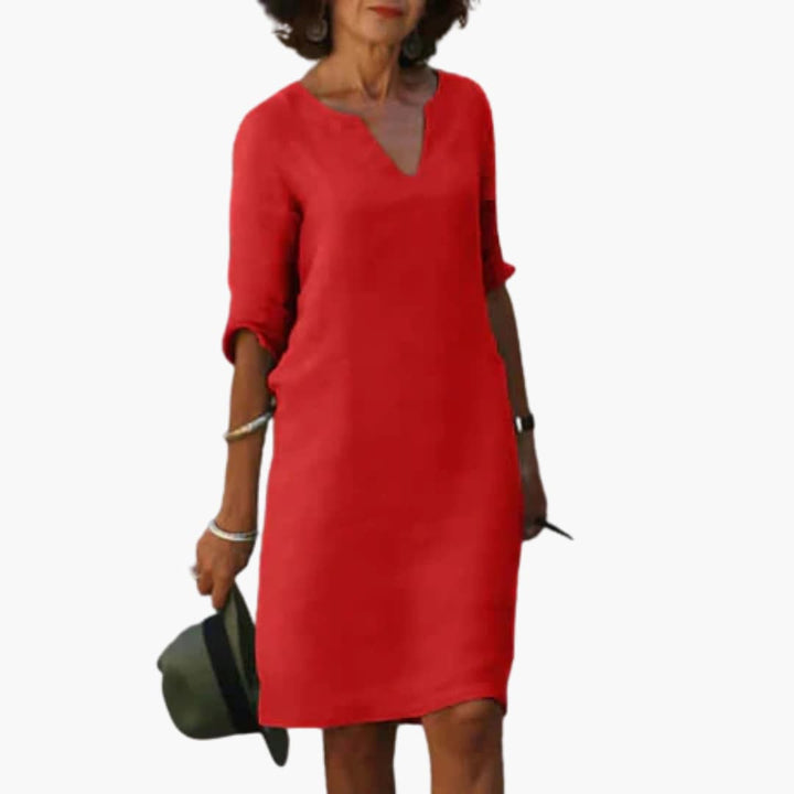 Women’s Shift Dress with Notch Neckline and Long Sleeves