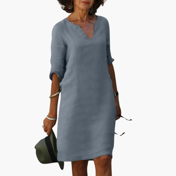 Women’s V-Neck Mini Dress with 3/4 Sleeves and Tapered Waist