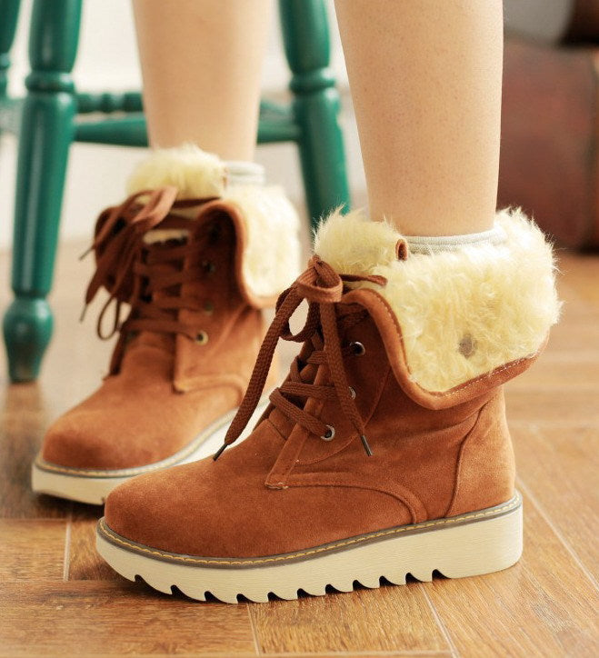 Frosted Faux Fur Snow Boots, Lace-Up Low-Top Cotton Boots