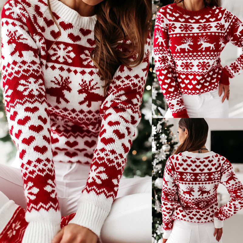 Women's Ugly Christmas Sweater Elk Snowflake Knit Pullover