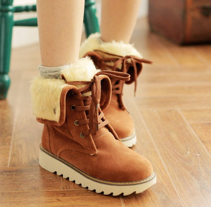 Frosted Faux Fur Snow Boots, Lace-Up Low-Top Cotton Boots