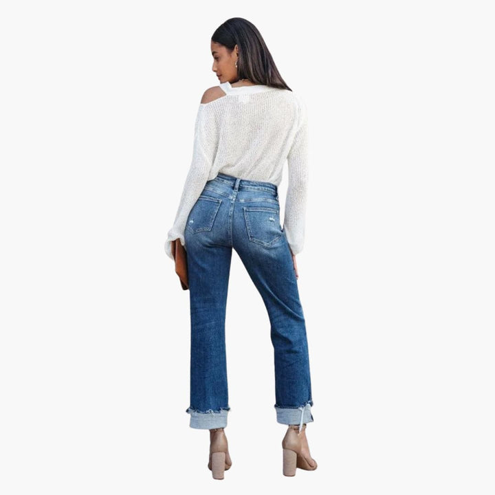 Women’s Straight-Leg Jeans with High Waist and Cuffed Hems