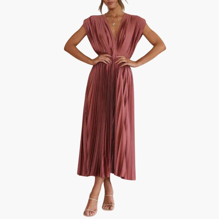 Women’s Midi Dress with V-Neck and Pleated Skirt