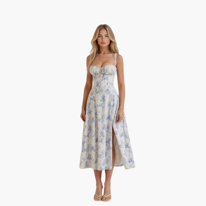Women’s Midi Dress with Waist Tie and Lace-Up Bodice